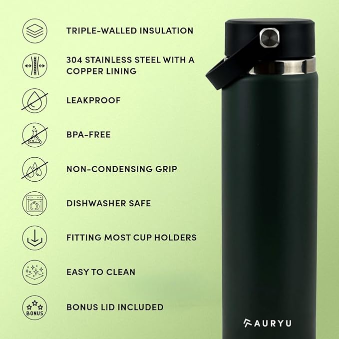 Olive Green 24oz Triple-Wall Stainless Steel Water Bottle – Wide Mouth, Leak Proof Thermos with Bonus Spout Lid – BPA-Free Flask for Gym, Hiking, Travel, Hot & Cold Drinks