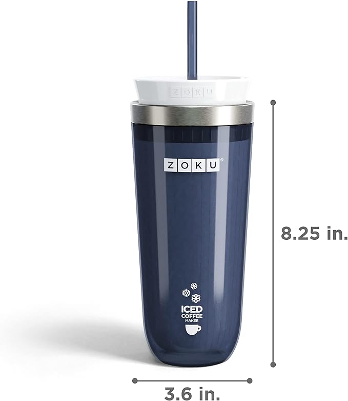 Zoku Instant Iced Coffee Maker, Reusable Beverage Chiller Cools Hot Beverages in Minutes Without Dilution, Portable 11-ounce Tumbler With Spill-resistant Lid and Straw, Grey