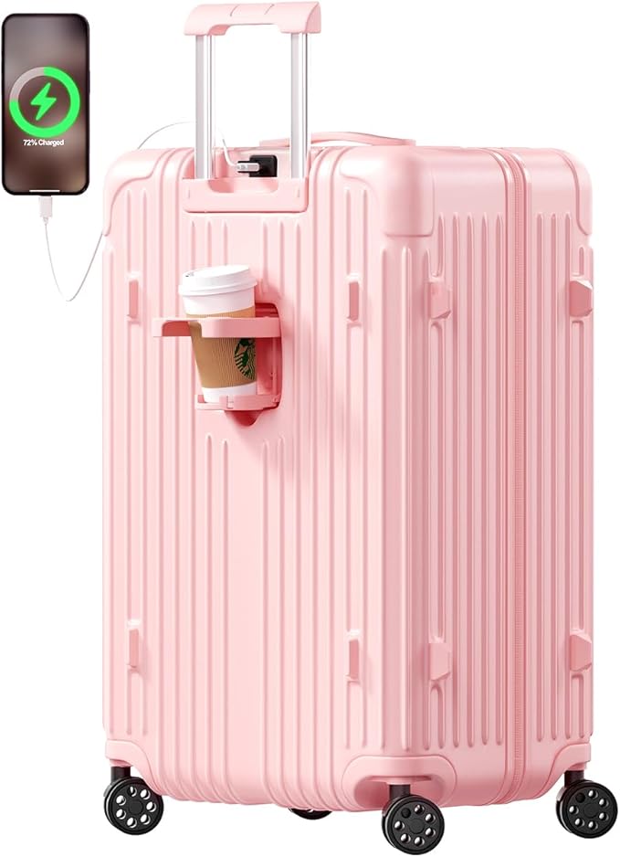 Krute 28 inch Luggage with Cup Holder Checked Suitcases with Charging Port TSA Approved PC+ABS Hardside Luggages