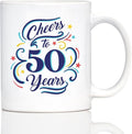 Bevvee Cheers to 50 Years - Coffee Mug Gifts for Women & Men - 50th Anniversary Party Decor - 11oz White Ceramic Mug