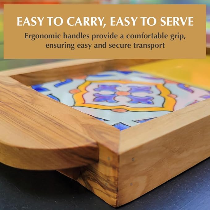 Kamsah Olive Wood Serving Tray with Handles (L:11”, W:5”) Decorative Rectangle Serving Trays for Serving Food, Drinks, Tea, Coffee - Rustic Vintage Wooden Serving Tray for Table & Gifts - Alhambra