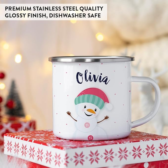 Andaz Press Personalized Name 11oz. Kids Christmas Hot Chocolate Stainless Steel Campfire Coffee Mug, Charming Snowman Pink Aqua Hat Hello, 1-Pack, Custom Birthday Xmas Cup Kids Hot Chocolate Mug