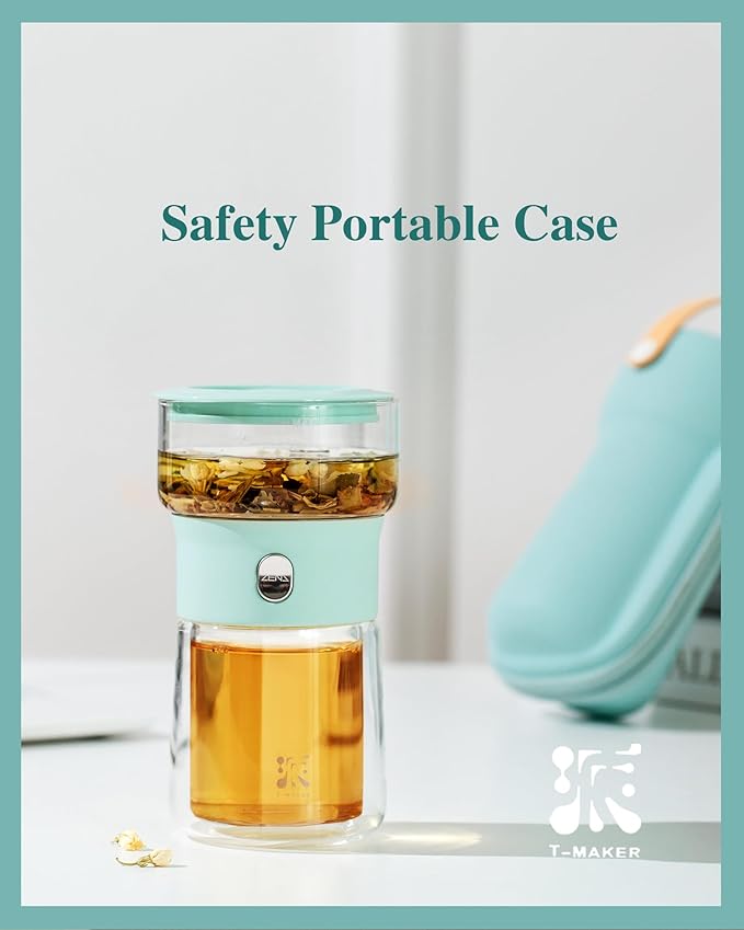 ZENS Modern Glass infuser Teapot, Small One Touch Tea Maker for Loose Tea Diffusers with 200ml Insulated Cup and Blue Portable Carry Case, Magic Gongfu Tea Pot for Tea Lovers Gifts