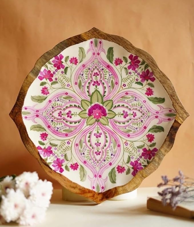 Handcrafted Wooden Decorative Platter – Round Floral Design Wooden Serving Tray, Candle Bowl, Dinner Plate, Trinket Tray & Coffee Table Décor 12 inch x 12 inch x 0.75 inch (Diamond Pink)