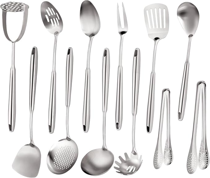 18/10 Stainless Steel Kitchen Utensils, Metal Cooking Utensils Set, 12 PCS Large Metal Cooking Utensil Tools Set