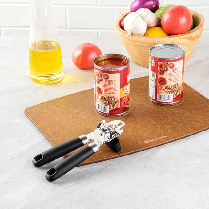 Restaurantware Comfy Grip 7.6 x 1.9 x 2.1 Inch Can Opener 1 Durable Manual Can Opener - Sharp Wheel Blade Grip Handle Black Stainless Steel Hand-Held Can Opener Built-In Bottle Opener
