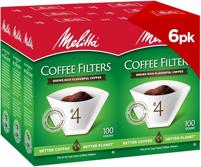 Melitta #4 Cone Coffee Filters, White, 100 Count (Pack Of 6), 600 Total Filters - Fits all 8-12 Cup Cone Coffee Makers and Pour-Overs, Compostable, Tear-Resistant, Made in USA