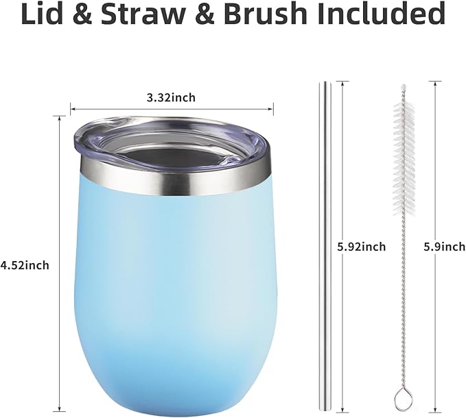 12 oz Insulated Wine Tumbler with Lid and Straw,Stainless Steel Stemless Wine Tumbler Double Wall Vacuum Wine Cups Tumbler Bulk for Coffee,Champaign,Cocktail,Office(Lavender/Cream/Pink/Baby blue)