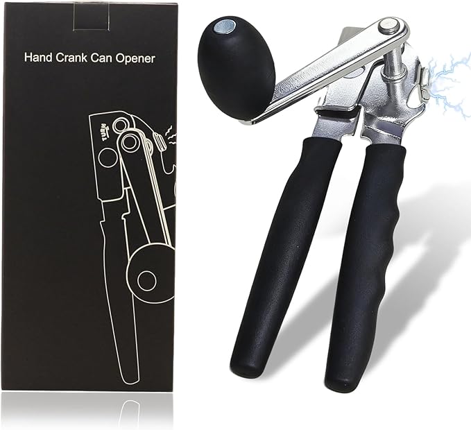 Crank Can Opener Manual，Heavy Duty for Seniors with Ergonomic Soft Grip Handles and Magnetic Lid Lifter for Large Cans,Stainless Steel, Black