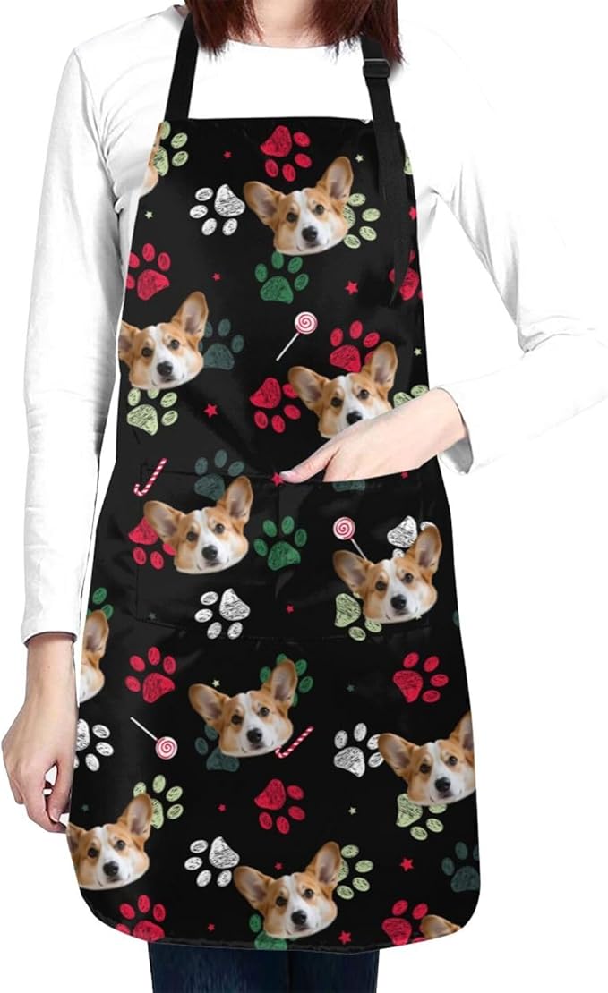 Custom Dog Face Apron for Men Women, Personalized Photo Bib Apron with Pockets, Customized Chef Aprons