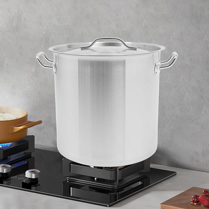 Large Stock Pot with Lid, Stainless Steel Cookware Stockpot, 34.9 Quart Heavy Duty Soup Pot with 2 Handles, All Stoves Compatible, Fast and Uniform Heating