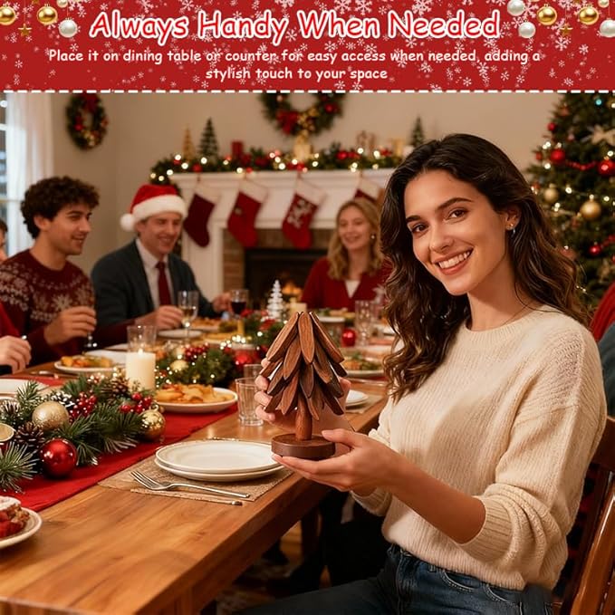Wooden Trivet Tree, 4 Trivets + 1 Stand for Hot Dishes, Natural Tree Trivet Set, Multi-Functional Decorative Heat Resistant Mats Pots Bowls Teapots Pans Handcrafted Non-Slip Design （Walnut Wood）