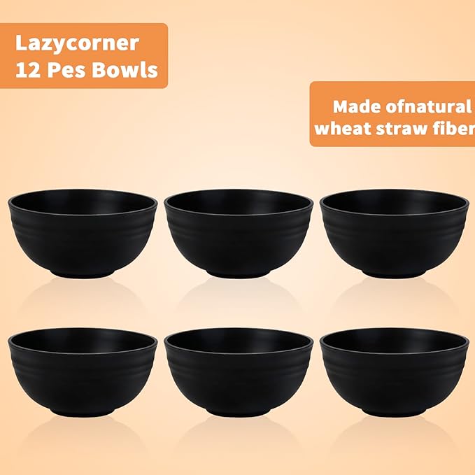 Lazycorner 12 Pcs Wheat Straw Cereal Bowls 26 Oz Wheat Straw Bowls Set Reusable Plastic Bowls for Soup Microwave & Dishwasher Safe Soup and Salad Bowls