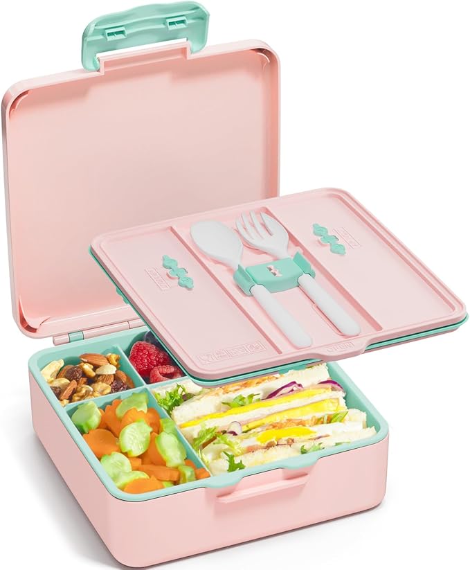 Fimibuke Bento Lunch Box for Kids, Leak Proof Toddler Bento Box with 4 Compartments BPA Free Dishwasher Safe Lunch Container with Utensils, Ideal Portion Sizes for Ages 3-12 Girls Boys for School