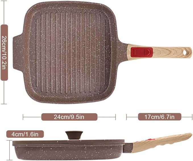 Nonstick Griddle Pan with Lid 10 Inch, Ceramic Coating, Detachable Handle, PFOA Free, Brown