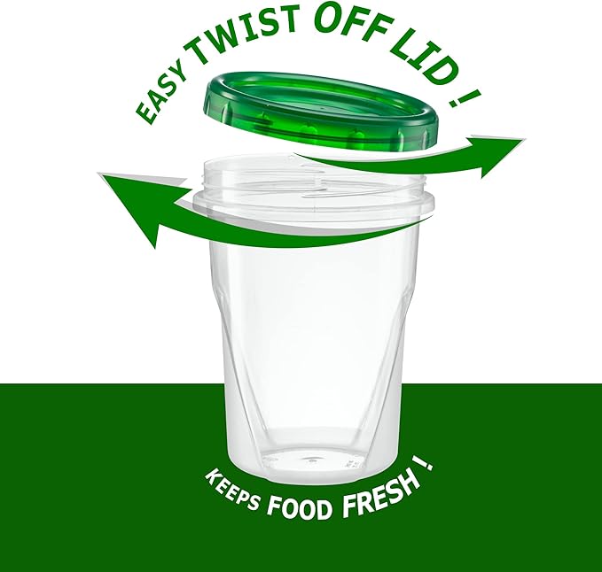 (32 Ounce 10 Pack) Twist cap Containers Clear Bottom With Green Top Screw on Lids Twist Top Food Storage Freezer Containers