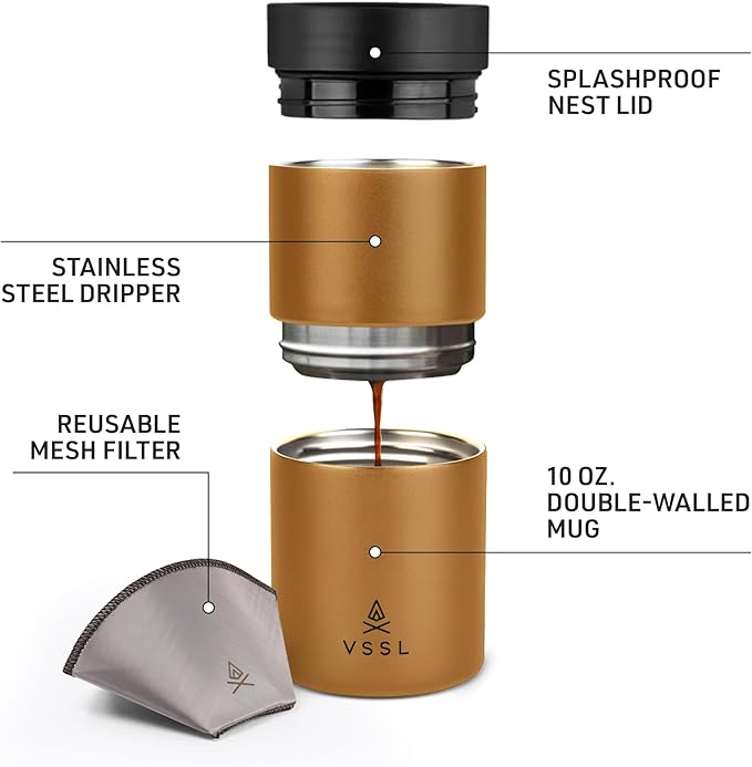 VSSL - Nest Pour Over Coffee Set | Coffee Maker for Camping | All-In-One Travel Pour Over | Transportable Dripper, 10oz Stainless Steel Travel Mug | Compact Storage & Adventure Ready | Sahara