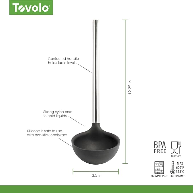 Tovolo Silicone Ladle With Stainless Steel Handle Deep Soup Ladle for Cooking Canning Serving Soup Punch Stew Sauce, Large Kitchen Utensil Spoon Dishwasher Safe BPA Free Silicone Charcoal Gray