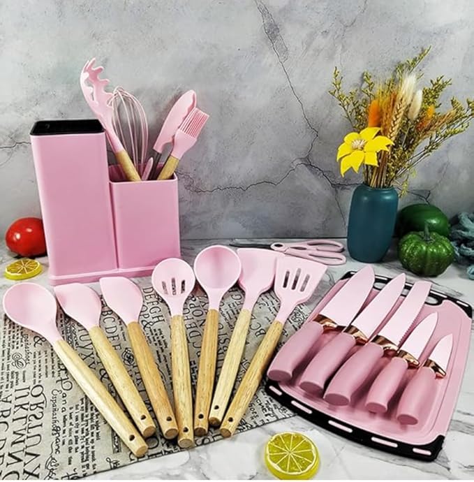 19 Piece Kitchenware Utensils and Knife Set- includes: 9 Piece Silicone Cooking Utensils- 5 Piece Sharp Stainless Steel Chef Knives- Scissors -Whisk Tongs and Cutting Board (Pink)