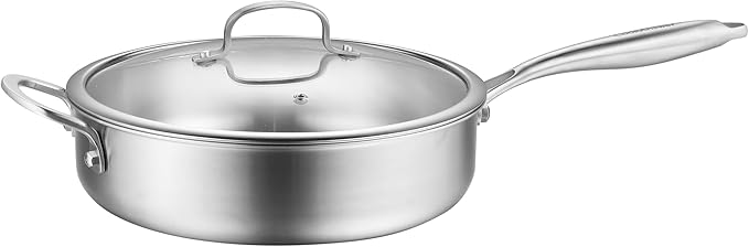 5-Quart Tri-Ply Stainless Steel Saute Pan with Lid, 11-Inch Skillet and Helper Handle,Skillet,Induction Cooking Pan,Dishwasher and Oven Safe