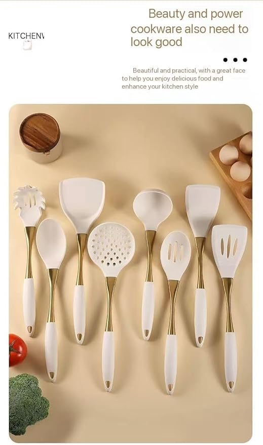 8-Piece White Kitchen Utensil Set with Gold Handles, Stainless Steel Cooking Tools, Includes Spatulas, Ladle, Spoons for Nonstick Cookware (silvery and Grey)
