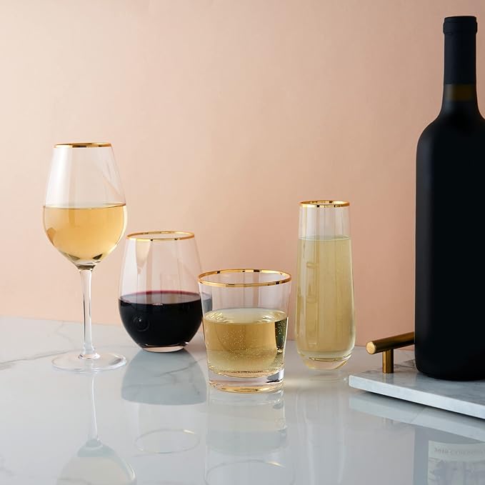 Twine Gilded Stemless Wine Glasses Set with Gold Rim, Modern Drinking Glasses for Red and White Wines, Wedding Gifts, Holiday Celebration, Elegant Glassware, Home Bar,18 oz, Set of 2