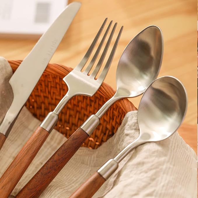 Wood Silverware Set for 14 - Wooden Flatware Cutlery Utensils 18/10 Stainless Steel Walnut Handle 56 Piece Include Knives Forks and Spoons Tableware for Home Kitchen Wedding Restaurant