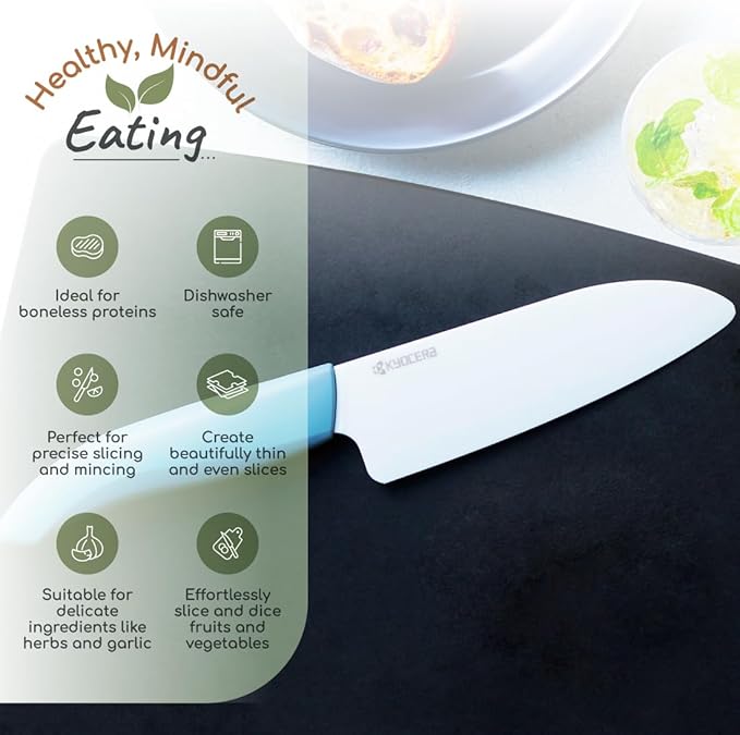Kyocera Revolution 2-Piece Ceramic Knife Set: Chef Knife For Your Cooking Needs, 5.5" Santoku and 4.5" Utility Knife, White Blades with Blue Handles, White/Blue