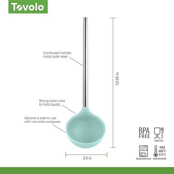 Tovolo Silicone Ladle With Stainless Steel Handle Deep Soup Ladle for Cooking Canning Serving Soup Punch Stew Sauce, Large Kitchen Utensil Spoon Dishwasher Safe BPA Free Silicone Aqua Seafoam Green