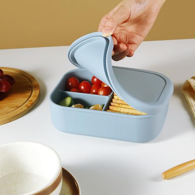 PandaEar Silicone Bento Lunch Box for Toddlers Kids, 3 Compartments, Leak-Proof & BPA-Free Lunch Container, Microwave & Dishwasher Safe (Blue)