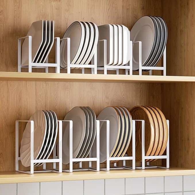 Dinnerware Bowl Plate Holder Fit for 6.5 Inches Diameters Bowl, Metal Bowl Storage Dying Display Rack for Kitchen Drawer, Countertop, Cabinet, Shelf, Cupboard (White, 2L Bowl rack+ 2L Disc rack)