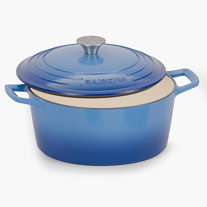 Bakken Enameled Cast Iron Dutch Oven Pot, 6QT Dutch Oven for Bread Baking, Braising & Roasting, Kitchen & Campfire Cooking, Moisture-Locking Lid, Oven Safe Up To 500°F, Works on All Cooktops, Blue