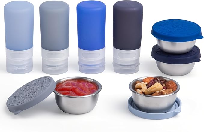 8-Pack Salad Dressing Container To Go, 2-oz Silicone Small Condiment Squeeze Bottles and 1.6 oz Stainless Steel Sauce Containers Cups, Leakproof Condiment Containers with Lids for Lunch Box