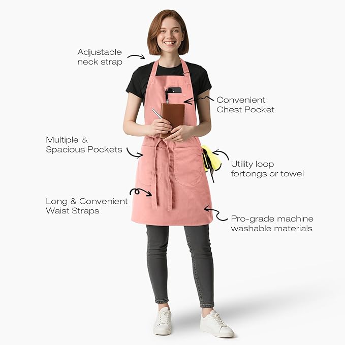 Unisex Apron with Pockets for Cooking, Salon & Art - 100% Cotton Adult Kitchen, Chef, Stylist Apron (Pink)