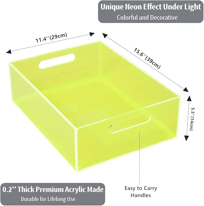 Large Storage Bin Acrylic Pantry Storage Container with Handles Kitchen Organizer Bin for Cabinet Cupboard Organization, Heavy Duty, 15.4 x 11.4 x 5.5'', Neon Green