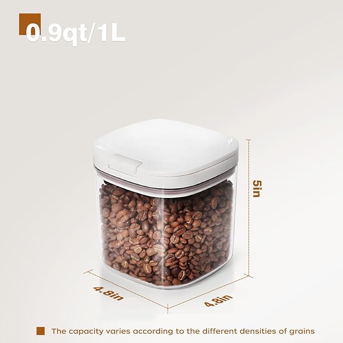 LivLab Mker Cereal Containers with Pop Lid - 1.0L/1.0 Qt Food Storage Dispenser Grain Bin for Candy, Grain, Rice and Snacks, Household for Kitchen Pantry Organization, White