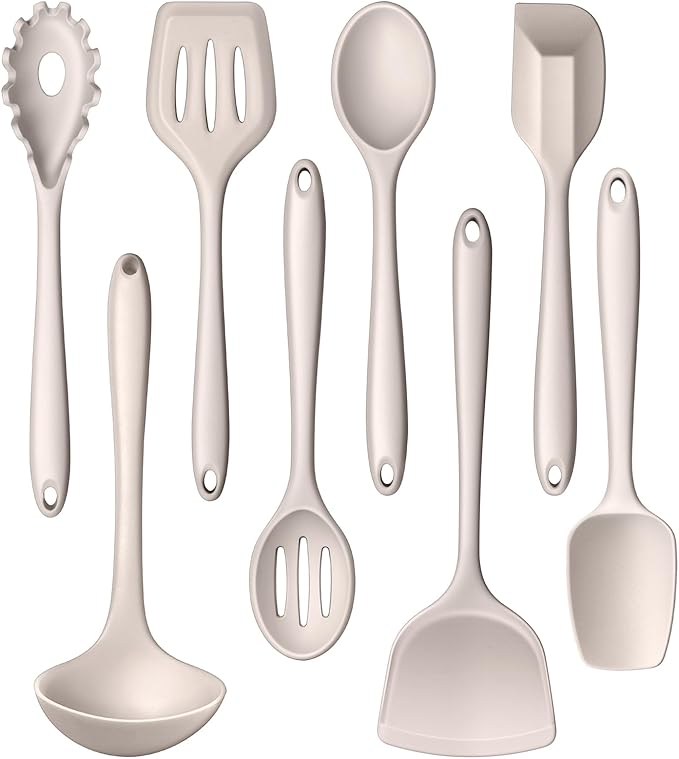 LIANYU 8Pcs Kitchen Cooking Utensils Set, Silicone Cooking Utensil Set, Heat Resistant Kitchen Tools for Nonstick Cookware, Includes Silicone Spatula, Spoon, Ladle, Turner, Dishwasher Safe, Khaki