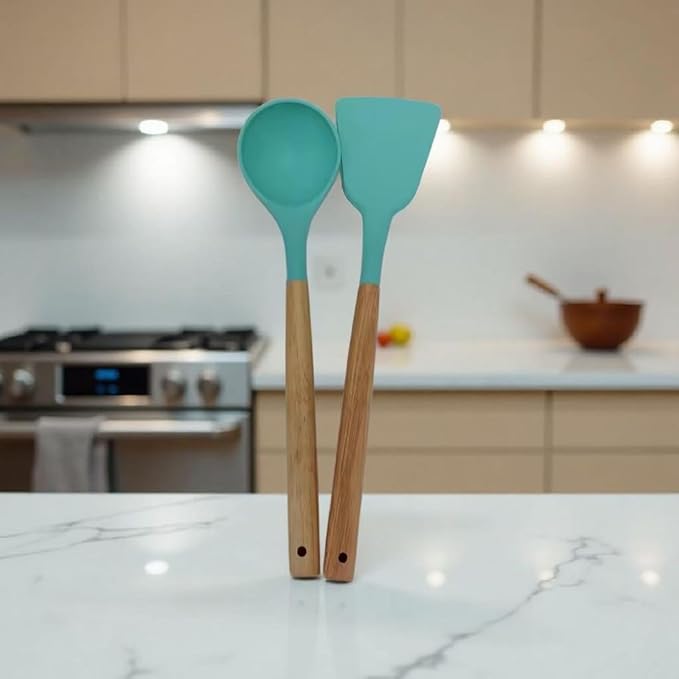 Silicone Cooking Spoons, 2-Piece Nonstick Utensil Set with Acacia Wood Handles - Heat-Resistant for Frying, Serving & Turning Spatula