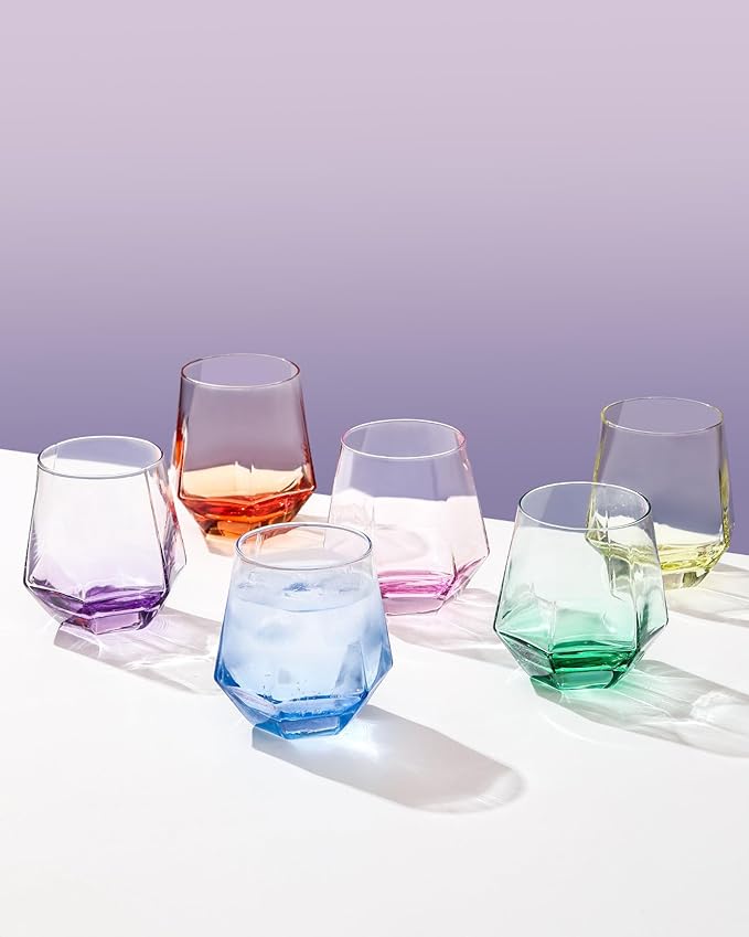 ColoVie Stemless Wine Glasses Set of 6, Cocktail Glasses, Diamond Shaped Wine Glasses for White or Red Wine, Unique Colorful Drinking Glasses,10 oz Easy Hold, Cute, Dishwasher Safe