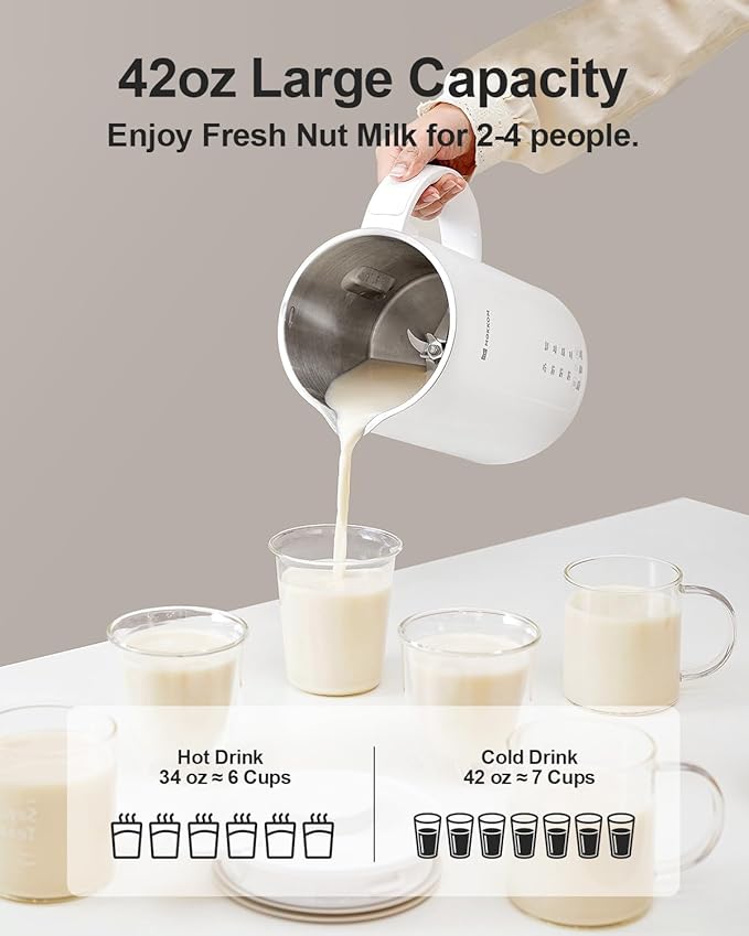 MOKKOM Nut Milk Maker, 42oz Soy Milk Maker for Homemade Plant-Based Milk, Oats, Soy, Dairy Free Beverages, Automatic Almond Milk Machine with Delay Start/Keep Warm/Self-Cleaning/Boiling, Pearl White