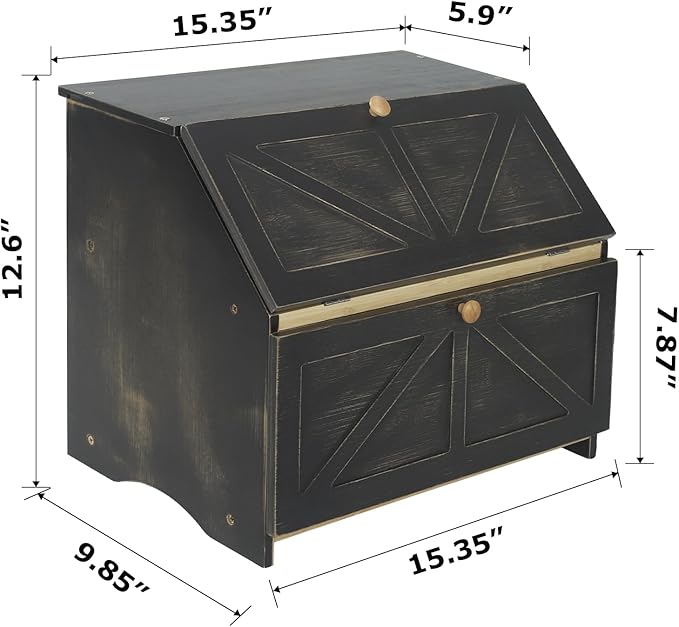 HOMEKOKO Double Layer Large Bread Box for Kitchen Counter, Wooden Large Capacity Bread Storage Bin (Rustic Black)