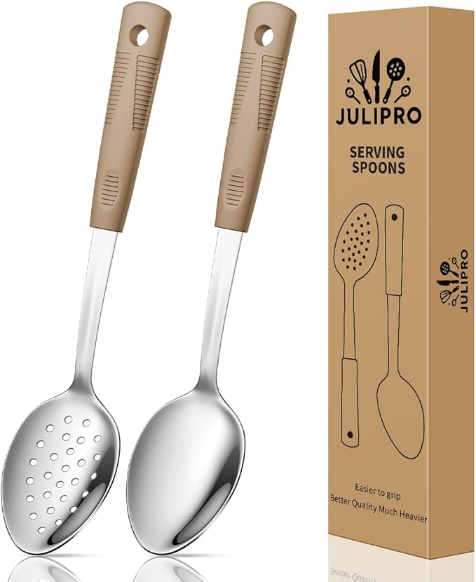 Stainless Steel Serving Spoon & Slotted Spoons Set, with Non-Slip Silicone Handles,2-Piece Metal Serving Spoons, Slotted Metal Spoon for Home Kitchen, Parties & Daily Use-brown