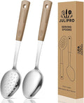 Stainless Steel Serving Spoon & Slotted Spoons Set, with Non-Slip Silicone Handles,2-Piece Metal Serving Spoons, Slotted Metal Spoon for Home Kitchen, Parties & Daily Use-brown