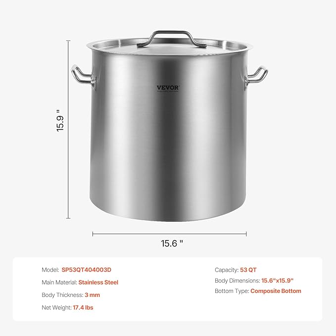 VEVOR Stainless Steel Stockpot, 53 Quart Large Cooking Pots, Cookware Sauce Pot with Lid, and Handle, Heavy Duty Commercial Grade Stock Pot, Sanding Treatment, for Large Groups Events Silver
