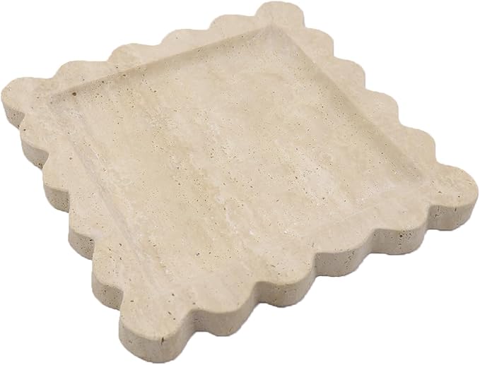 Square Marble Decorative Tray with Scalloped Edge, Luxury Natural Stone Bathroom Vanity Tray, Dresser Top Perfume Coffee Home Kitchen Sink Tray, Key Trinket Ring