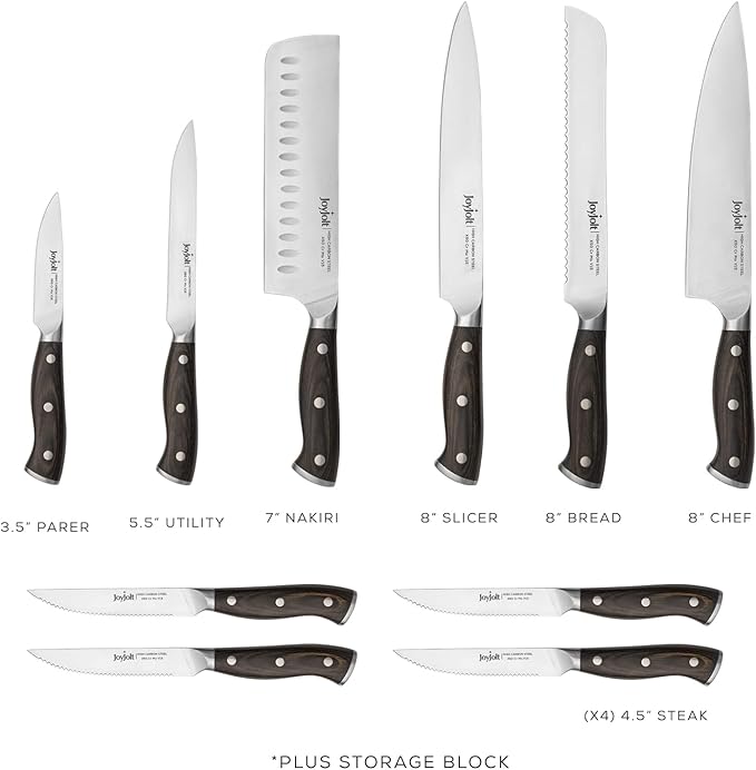 JoyJolt 11pc Kitchen Knife Set with Block. High Carbon, x50 German Steel Knives Set for Kitchen with Chef, Bread, Slicing, Nakiri, Utility, Paring and 4pc Steak Knife Set for Black Kitchen Decor