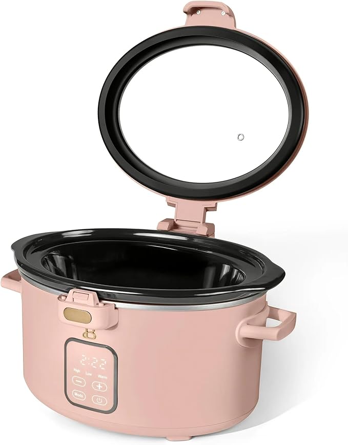 Beautiful 4-Qt Programmable Slow Cooker with Hinged Locking Lid & Touch Display – 3 Heat / 4 Timer Settings (Rose)