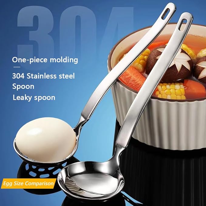 Small Soup Ladle Metal SUS304 Stainless Steel Ladles Spoon And Slotted Colander Spoon Set Soup Ladle With Holes Strainer Scoop Ladles For Serving Gravy Hot Pot Or Restaurant,2 Piece Set