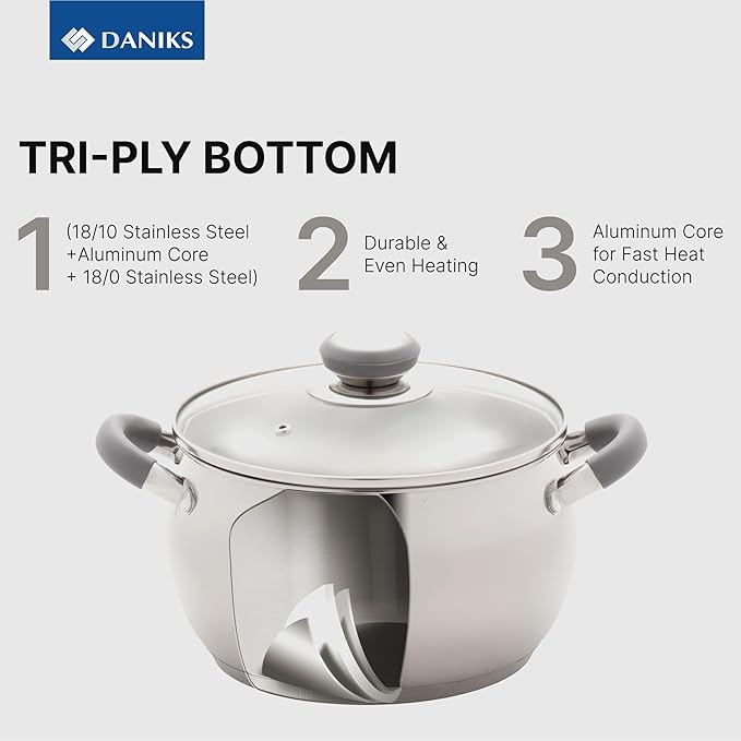 Daniks Modern 4 Quart Stainless Steel Stock Pot with Glass Lid, Tri-Ply Bottom for Even Heating, Induction Compatible, Dishwasher Safe, Heatproof Handles