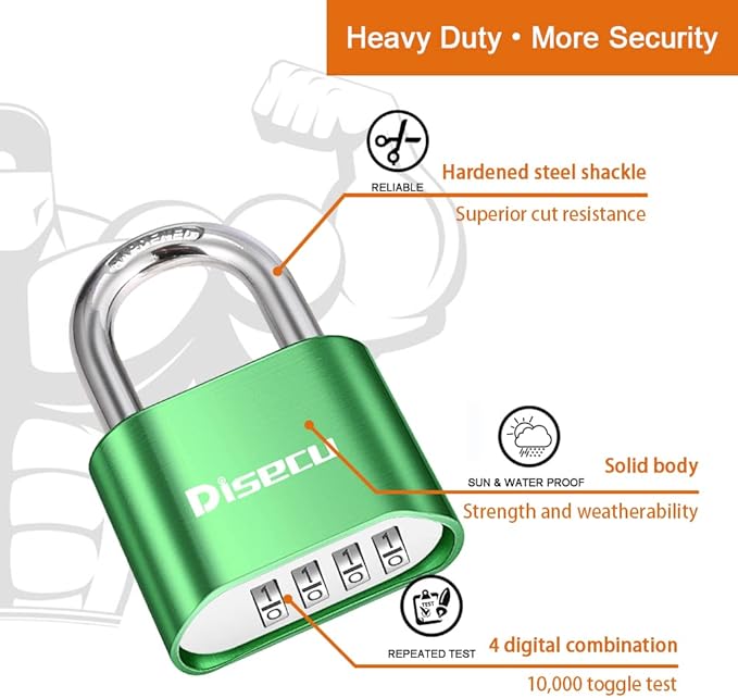 1 Pack disecu Heavy Duty 4 Digit Combination Lock, Outdoor Waterproof Padlock for School Gym Locker, Storage Unit, Shed, Fence, Gate (Green)